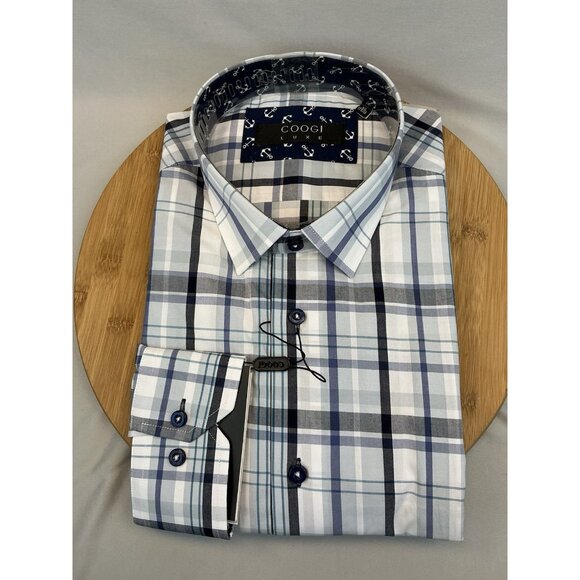 Coogi Luxe Button Up XL Mens Long Sleeve Plaid White Blues Flip Cuff - Picture 1 of 4